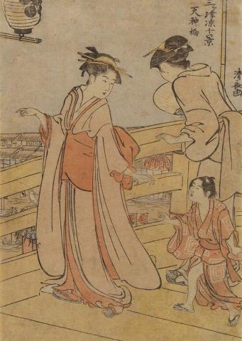 Artwork The Tenjin Bridge (from 'Sankanotsu suzumi jikkei' series) this artwork made of Colour woodblock print on paper, created in 1780-01-01