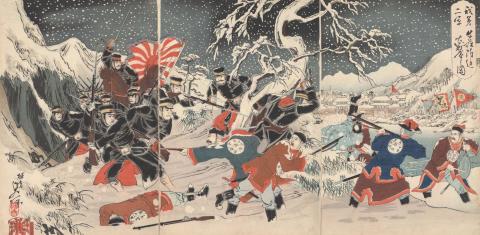 Artwork Snow battle, Sino-Japanese War this artwork made of Colour woodblock print on paper, created in 1894-01-01