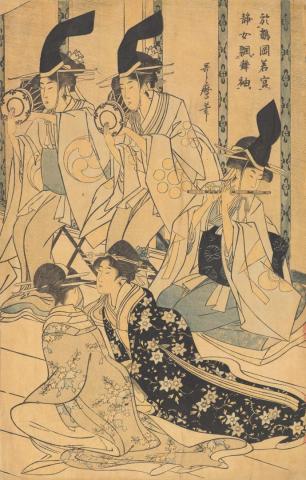 Artwork Shizuka Gozen dancing before the Shogun, Yoritomo this artwork made of Colour woodblock print on paper, created in 1780-01-01
