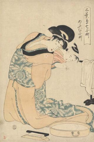 Artwork Omu Komachi (Parrot Komachi) (from 'Futaba-gusa nana Komachi' (Little seedlings:  seven Komachis) series) this artwork made of Colour woodblock print on paper, created in 1797-01-01