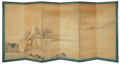 Artwork Pair of six-panel screens (Landscapes with Li Bai and Lin Bu) this artwork made of Ink, colours and gold wash on paper on six-panel wooden framed screens (byobu), edged with woven silk and covered verso in paper relief printed in black, created in 1610-01-01