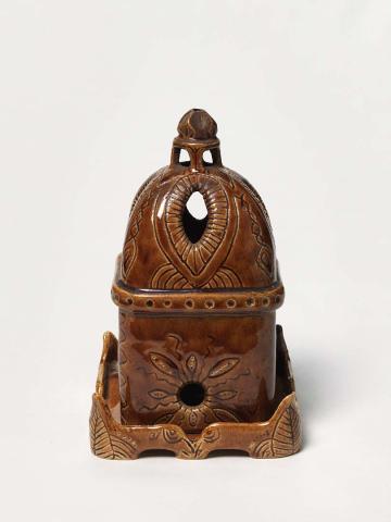 Artwork Incense burner this artwork made of Earthenware, slab and hand-built work with incised decoration of birds and amber glaze, created in 1922-01-01