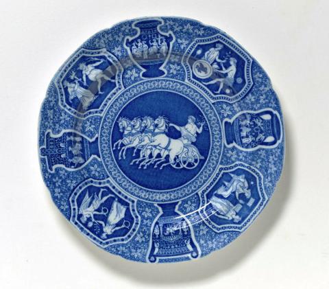 Artwork Plate:  Greek this artwork made of Earthenware, eight lobed plate transfer printed in underglaze cobalt with neo- classic motifs, created in 1810-01-01