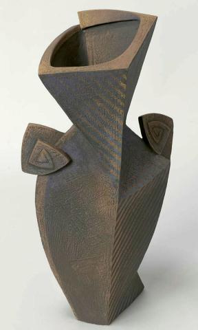 Artwork Dark cubist vase this artwork made of Stoneware, hand built with coloured slips, created in 1992-01-01