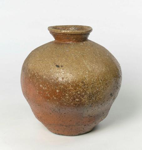 Artwork Narrow-necked jar (tsubo) this artwork made of Stoneware, coil and hand-built dark brown clay with ash deposits, created in 1400-01-01
