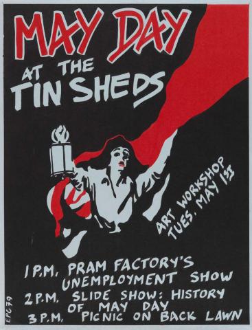 Artwork May Day at the Tin Sheds this artwork made of Screenprint on blue paper, created in 1979-01-01