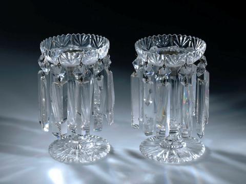 Artwork Pair of lustres this artwork made of Lead crystal, mould blown and wheel cut with facets and ten lustres.  Added metal candle holder and glass disc, created in 1810-01-01