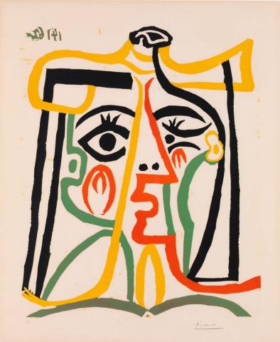 Artwork Tête de femme (Head of a woman) this artwork made of Colour linocut on Arches paper, created in 1962-01-01