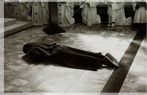 Artwork Untitled (A sister lies in front of the altar) (from 'In the presence of angels - photographs of the contemplative life' series) this artwork made of Gelatin silver photograph on paper, created in 1988-01-01