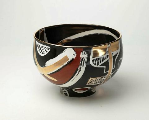 Artwork Bowl:  O.T.T. Russian series I this artwork made of Porcelain body wheelthrown with black decoration and details in red enamel, platinum and gold lustres, created in 1993-01-01