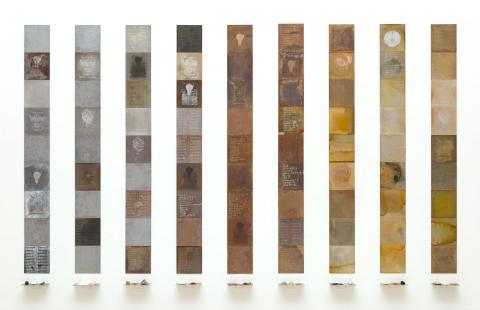 Artwork Solids by weight, liquids by measure, alchemical plates (from 'Periodic Table' series) this artwork made of Oil, shellac wax and acids on zinc, aluminium, copper, brass, steel and nickel silver plates with salt, carbon, sulphur, iron, gold and other substances, created in 1992-01-01