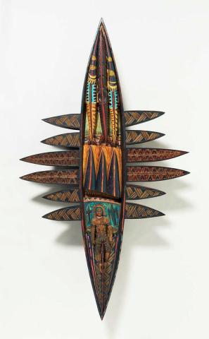 Artwork Vaka faua tulu (Family boat no. 3) this artwork made of Carving with synthetic polymer paint on rimu (native timber) and composition board, created in 1993-01-01