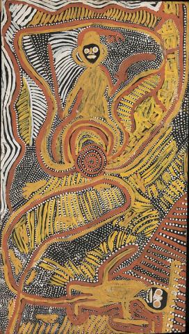 Artwork Medicine Corroboree Dreaming this artwork made of Synthetic polymer paint on composition board, created in 1971-01-01