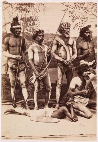 Artwork (Studio portrait of Indigenous group) this artwork made of Gold-toned albumen photograph on paper, created in 1865-01-01