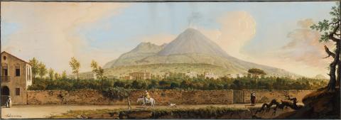 Artwork View of Mount Vesuvius from the sea shore;  at Resina, between Portici, and Torre del Greco this artwork made of Watercolour and gouache on paper on card, created in 1774-01-01
