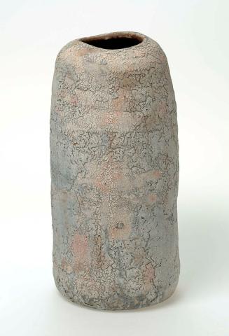 Artwork Tall vase this artwork made of Stoneware, wheelthrown tall cylindrical shape with crazed pink, cream and grey glaze in multiple woodfirings, created in 1993-01-01