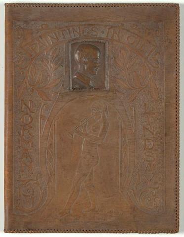 Artwork Bookcover:  Paintings in oil - Norman Lindsay this artwork made of Leather, carved and stitched with inset panel, created in 1945-01-01