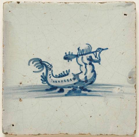 Artwork Tile:  (Triton) this artwork made of Earthenware, slab rolled and tin glazed with cobalt decoration, created in 1625-01-01