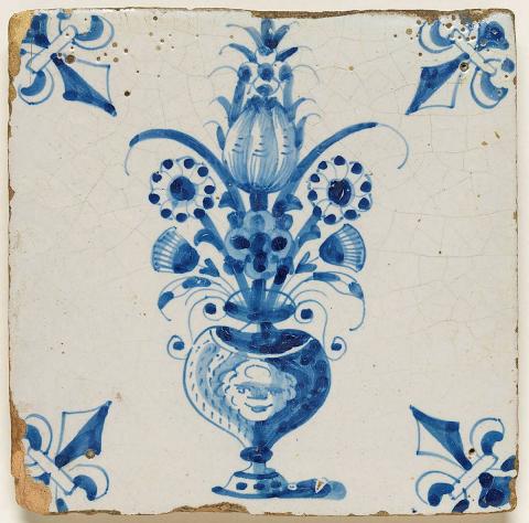 Artwork Tile:  (Flower vase with fleur-de-lis motif) this artwork made of Earthenware, slab rolled and tin glazed with cobalt decoration, created in 1640-01-01