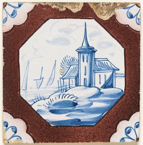 Artwork Tile:  (Landscape with buildings and a boat and daisy motif) this artwork made of Earthenware, slab rolled and tin glazed with cobalt and manganese decoration, created in 1700-01-01