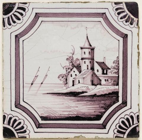 Artwork Tile:  (Landscape with buildings and boats and daisy motif) this artwork made of Earthenware, slab rolled and tin glazed with manganese decoration, created in 1700-01-01