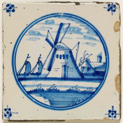 Artwork Tile:  (Landscape scene with building and boat and bee motif) this artwork made of Earthenware, slab rolled and tin glazed with cobalt decoration, created in 1700-01-01