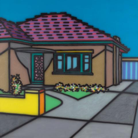 Artwork Stucco home this artwork made of Synthetic polymer paint (with 'Hammertone') on canvas, created in 1991-01-01