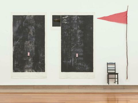 Artwork Blackboards with pendulums this artwork made of Charcoal and pastel drawings on paper, blackboard dusters and string, wooden chair, synthetic fabric, loudspeaker, recording tape, stick, created in 1992-01-01