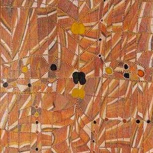 an abstract painting in natural pigments on bark which contrasting blocks of cross-hatching are juxtaposed to express the power of an Mardayin ritual