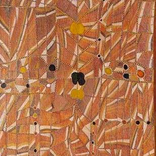 A detail of a abstract painting on bark in which contrasting blocks of cross-hatching are juxtaposed to express the power of the Mardayin ritual