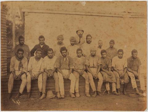 Artwork (South Sea Islander workers and master) this artwork made of Albumen photograph on paper, created in 1880-01-01