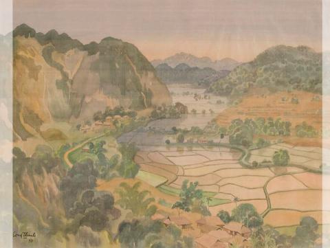 Artwork Mai Chau landscape this artwork made of Gouache on silk on paper, created in 1993-01-01
