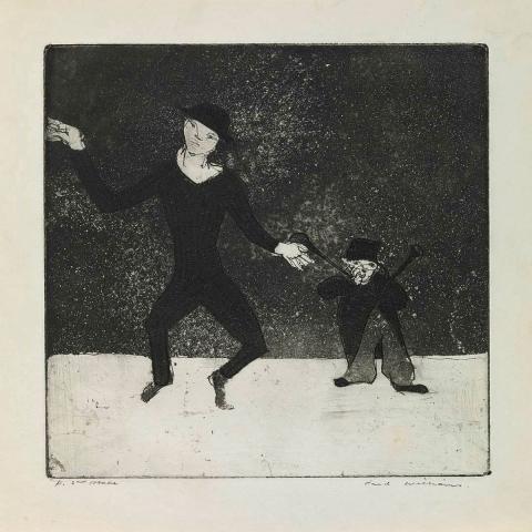 Artwork Dancing figures (from 'Music hall' series) this artwork made of Etching, aquatint, engraving and drypoint with mezzotint on paper, created in 1954-01-01