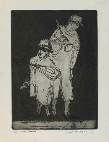 Artwork Two buskers (from 'Music hall' series) this artwork made of Etching, aquatint and engraving on paper, created in 1955-01-01