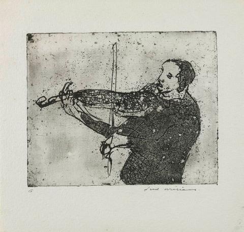Artwork Violinist (from 'Music hall' series) this artwork made of Etching and aquatint on paper, created in 1955-01-01