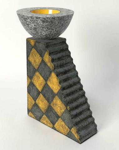 Artwork Font (from 'Pedestal' series) this artwork made of Earthenware double-walled bowl form on a stepped base.  Checkerboard pattern in grey and yellow on base;  the bowl with stippled exterior and crazed yellow interior, created in 1994-01-01