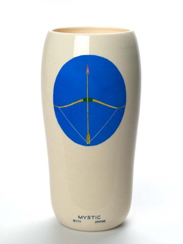 Artwork Vase:  Mystic this artwork made of Earthenware, wheelthrown cream clay with underglaze gold, brown, blue, green and pink beneath clear glaze