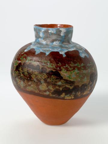 Artwork Pot:  Pmere Nuka (My country) this artwork made of Earthenware, hand-built terracotta clay with underglaze colours, created in 1994-01-01