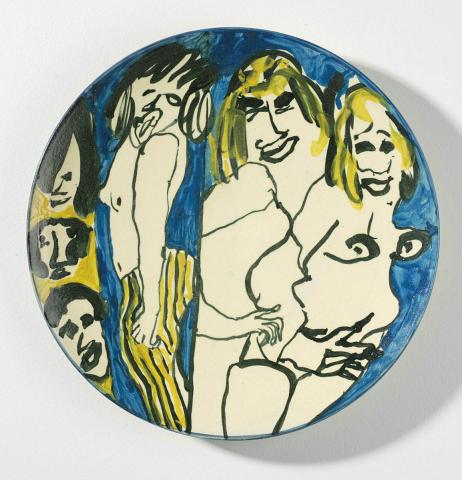 Artwork Platter:  Dressed to queen this artwork made of Stoneware, wheelthrown with black, yellow and blue underglaze colours, created in 1982-01-01