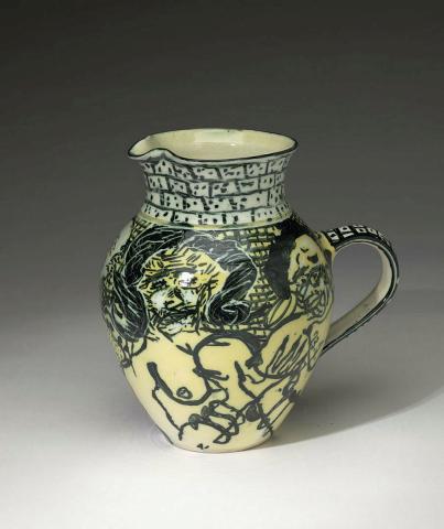 Artwork Jug:  Artist and women this artwork made of Stoneware, wheelthrown with underglaze decoration in black and yellow, created in 1982-01-01