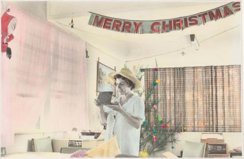 Artwork (Untitled 1) (from 'Christmas holiday with Bob's family, Queensland, 1978' series) this artwork made of Gelatin silver photograph, hand-coloured on paper, created in 1978-01-01