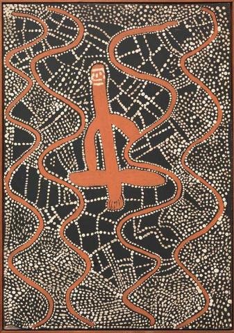 Artwork Ceremonial snake story this artwork made of Synthetic polymer paint on board, created in 1972-01-01