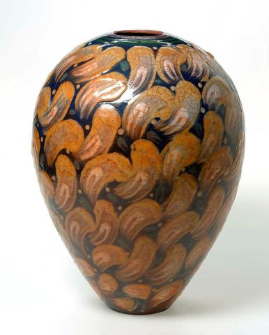 Artwork Vase this artwork made of Raku clay, wheelthrown, with slip brush marks and dots on surface, created in 1995-01-01