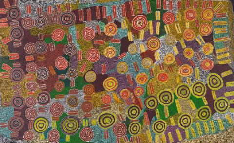 Artwork Wakulyarri Jukurrpa (Rock Wallaby Dreaming) this artwork made of Synthetic polymer paint on canvas, created in 1987-01-01