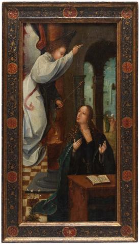 Artwork The Annunciation this artwork made of Oil on wood panel, created in 1520-01-01