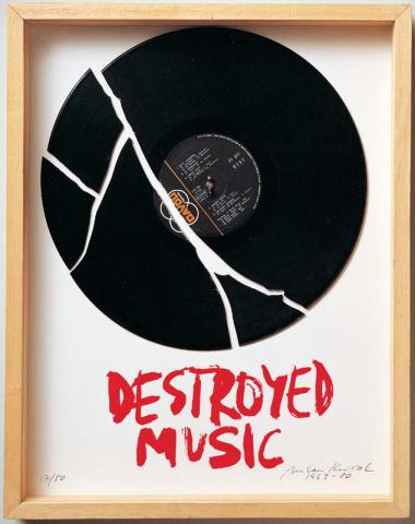 Artwork Destroyed music this artwork made of Vinyl record fragments and red paint on board in boxed frame, created in 1963-01-01