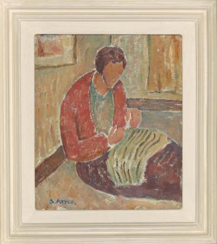 Artwork Woman sewing this artwork made of Oil on board, created in 1930-01-01
