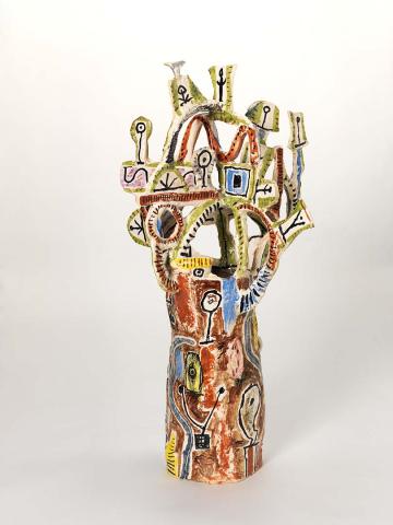 Artwork Vase form:  Large tree this artwork made of Earthenware, hand-built terracotta clay with slip decoration and clear glaze, created in 1995-01-01