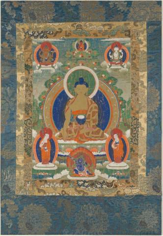 Artwork Tanka:  Seated Tara this artwork made of Pigment on textile with gilt and textile mount, created in 1800-01-01