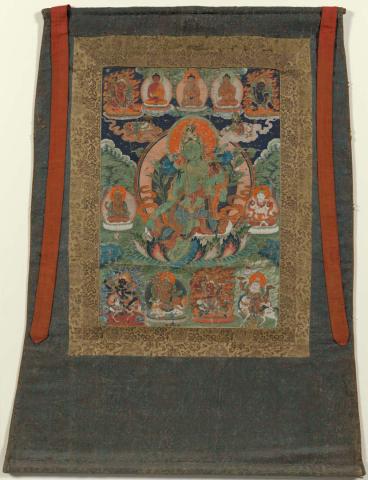 Artwork Tanka:  The Buddha Sakyamuni this artwork made of Pigment on textile with gilt and textile mount, created in 1800-01-01